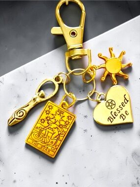 Gold Blessed Be Tarot Spiral Charm Keychain - Sun & Heart Accent Wiccan Handmade
